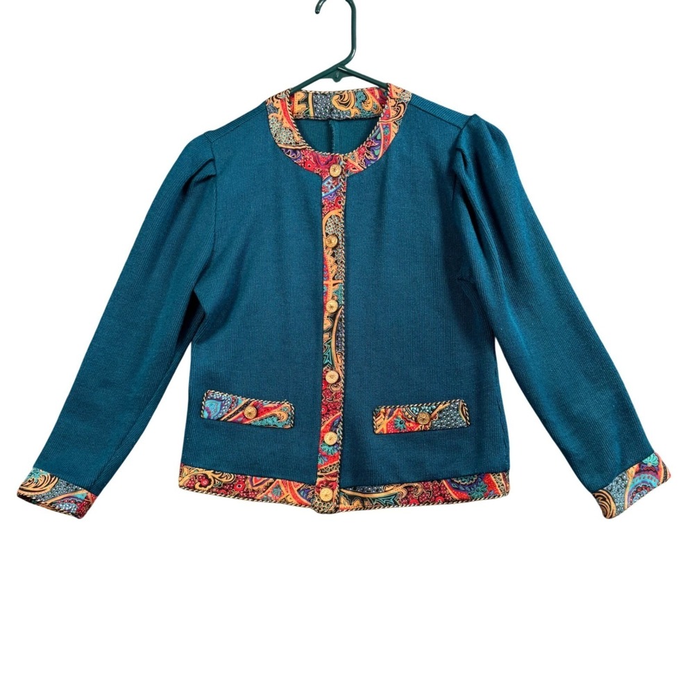 Vintage Teal Paisley Trim Cardigan Women Small‎ Indie Eclectic Knitwear